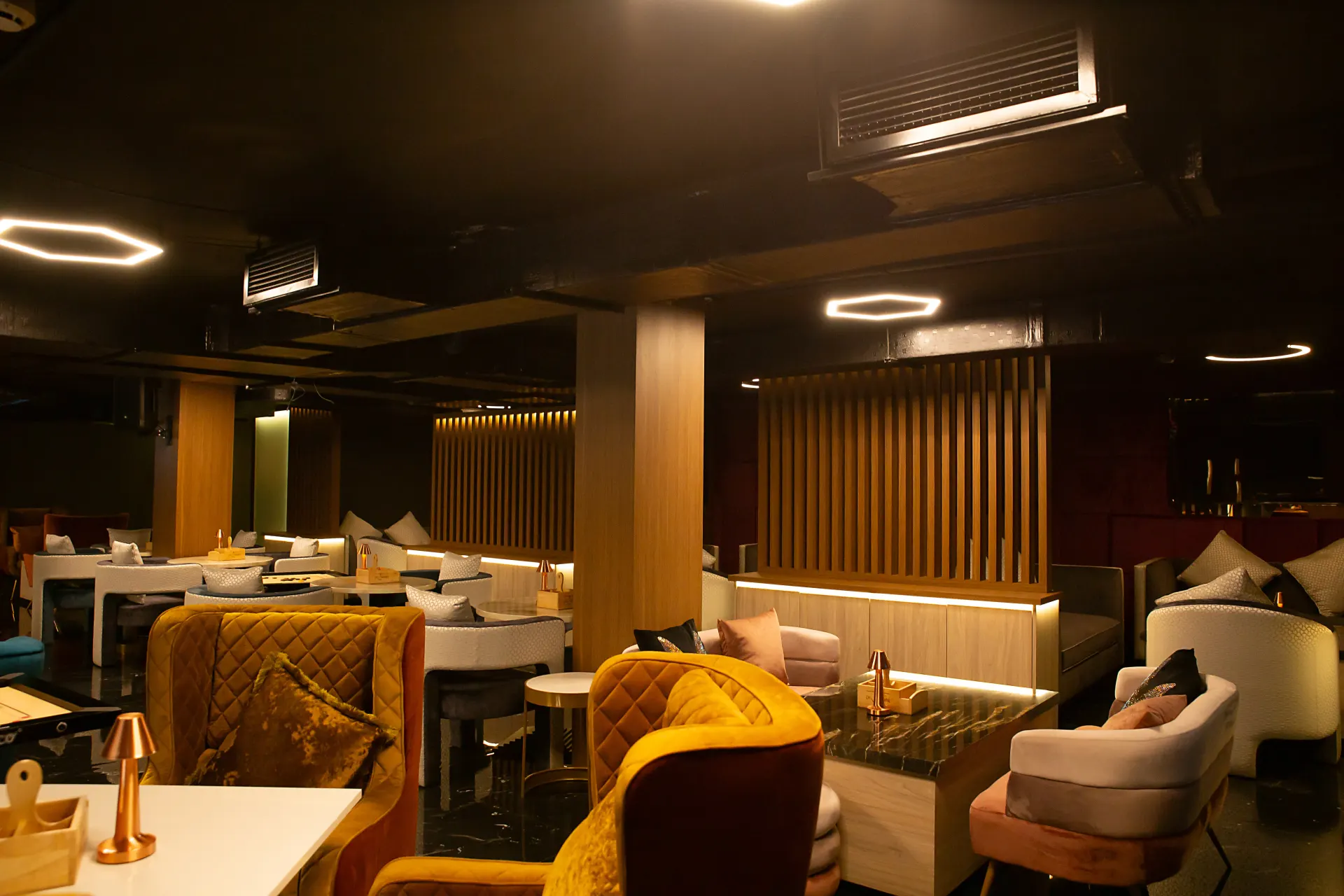 Dining lounge tables at Dr. Sheesha, Dubai