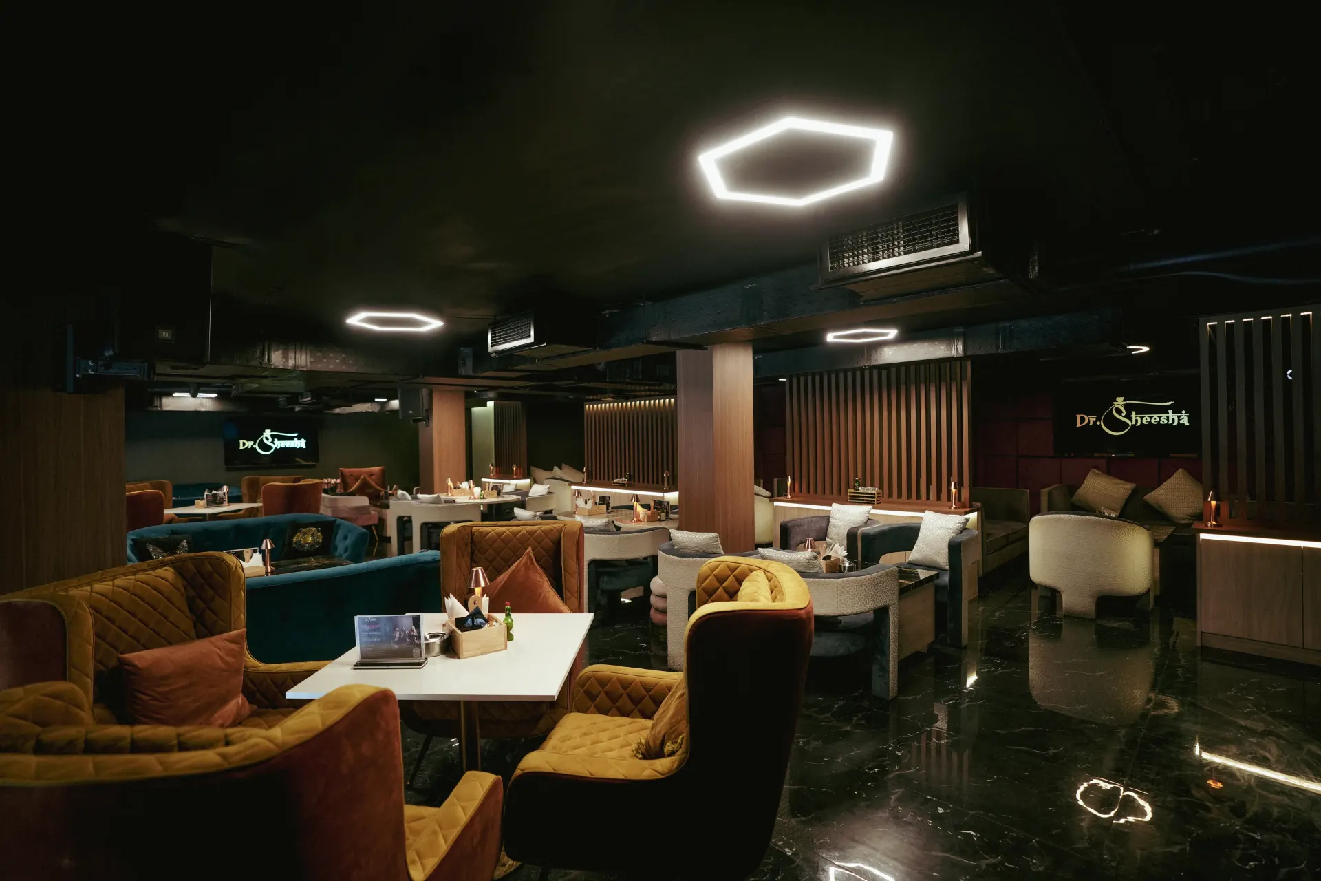 Dining lounge tables at Dr. Sheesha, Dubai