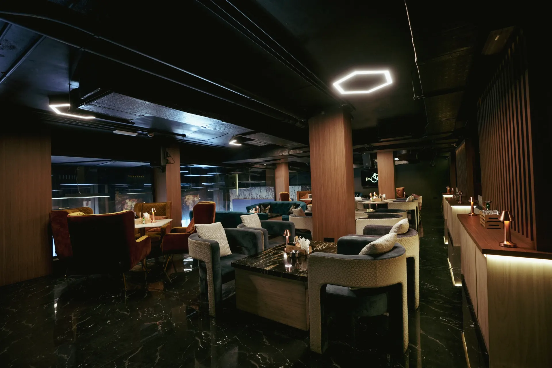 Late-night lounge atmosphere at Dr. Sheesha, Al Karama