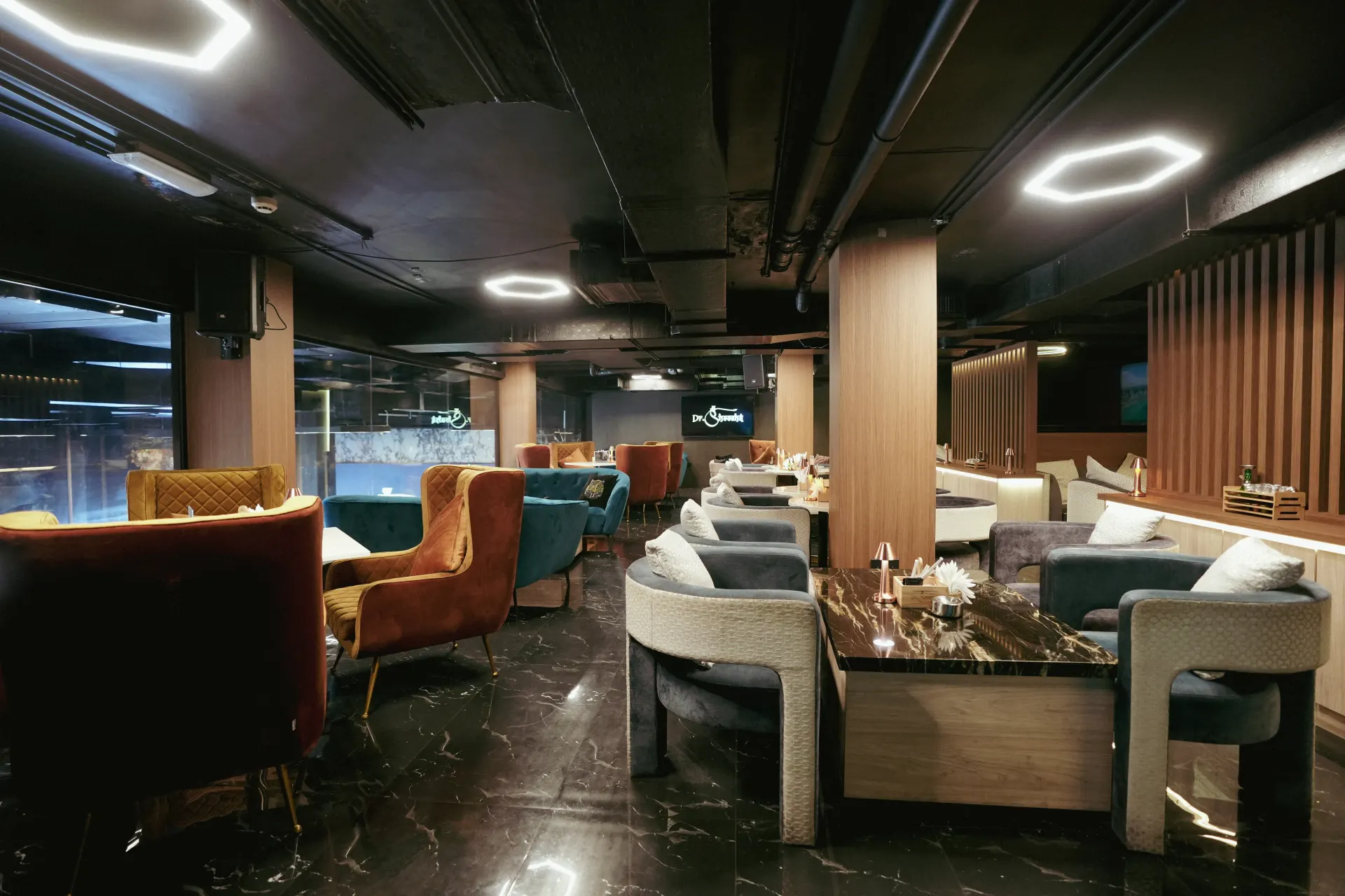 Dining lounge tables at Dr. Sheesha, Dubai