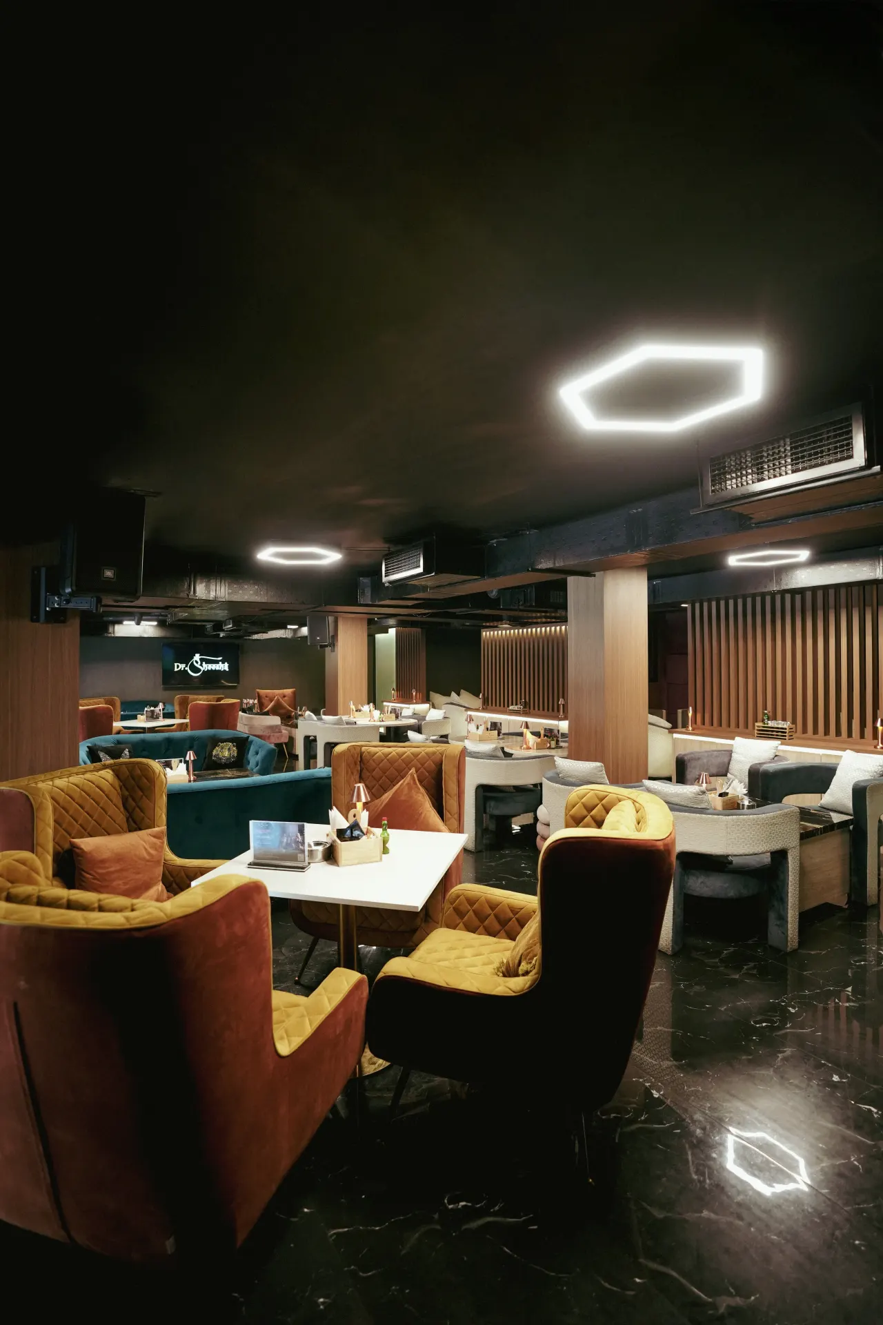 Dining lounge tables at Dr. Sheesha, Dubai
