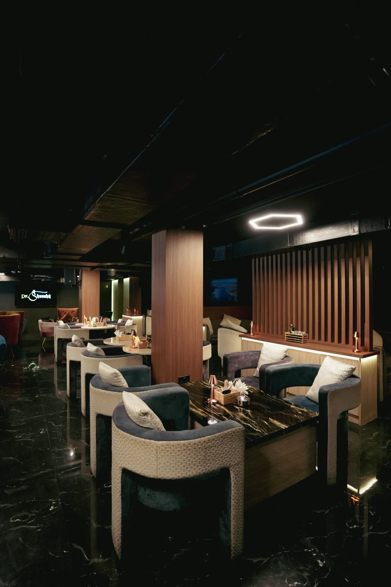 Late-night lounge atmosphere at Dr. Sheesha, Al Karama